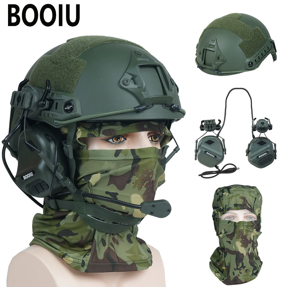 Outdoor Hunting Kit - BOOIU タクティカルエアソフトヘルメットセット 調節可能なペイントボール屋外狩猟射撃保護ヘッドセット ABS ヘルメット マスクイヤホン付き
