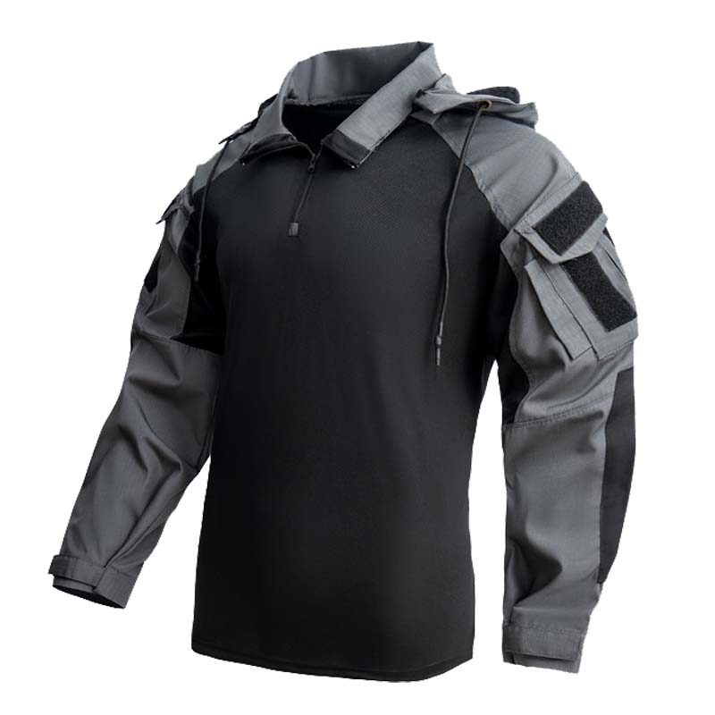 Hunting Outdoor Clothing - 迷彩戦闘 Tシャツフード付き男性戦術シャツエアガンペイントボール狩猟シャツ紳士服耐摩耗性トップスマルチポケット