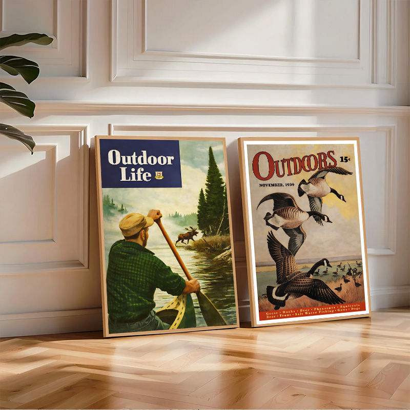 Outdoor Hunting And Fishing Magazines - ヴィンテージアメリカンアウトドアマガジンポスター、狩猟、釣り、キャンプ用のプリントアートワーク、寝室やリビングルームの家の装飾に最適です。