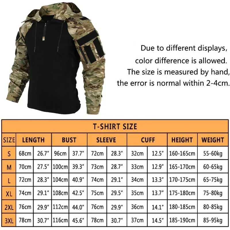 Hunting Outdoor Clothing - 戦術的なシャツ迷彩戦闘 Tシャツフード付き男性シャツ耐摩耗性エアガンペイントボールキャンプ狩猟服速乾性トップス