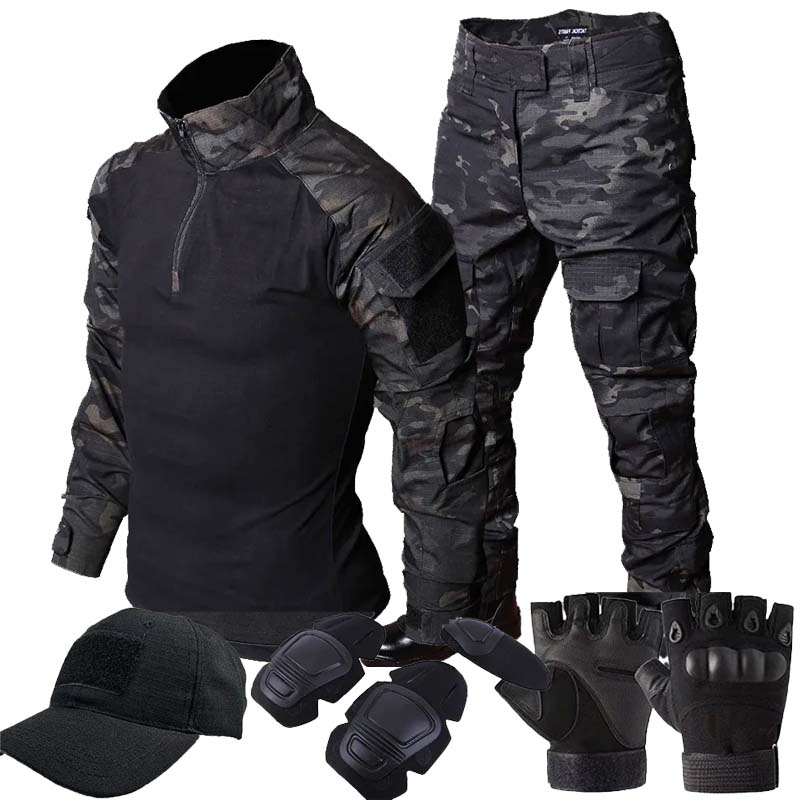 Hunting Outdoor Clothing - RU迷彩戦術服 アウトドアスーツ MCBK 長袖Tシャツ+多ポケットカーゴパンツ メンズトレーニングハンティング服 コンバットセット