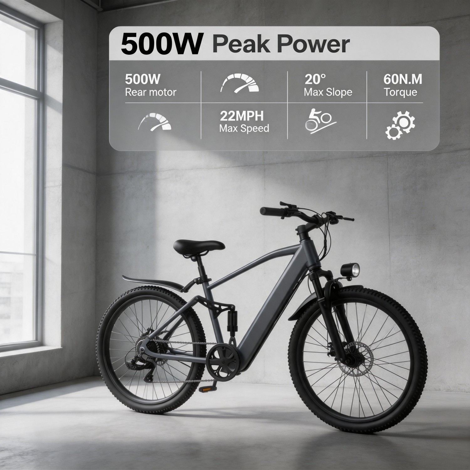 Outdoor Hunting Electric Bike - 電動ハンティングバイク、ファットタイヤ電動バイク。 500W電動自転車、ペダルアシスト付き、取り外し可能なバッテリー搭載、強力な積載能力でキャンプ用品を運べ、長距離のアウトドア旅行に最適。